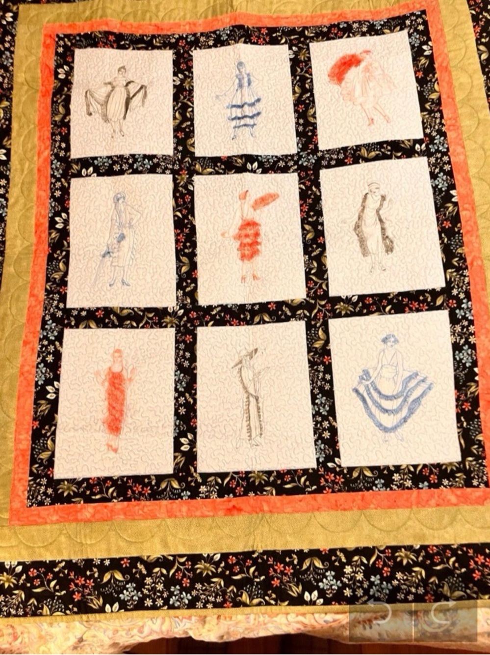 Flapper Women Quilt hand made 9 patch decorative quilt 1990’s embroidered USA